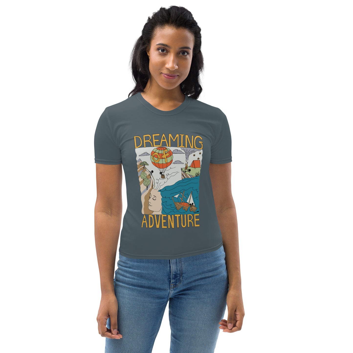 Women's Dark-Blue "Dreaming Adventure" Crew-Neck T-shirt (Size XS-2XL)