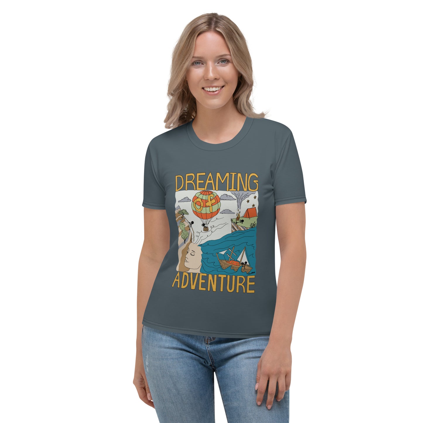 Women's Dark-Blue "Dreaming Adventure" Crew-Neck T-shirt (Size XS-2XL)