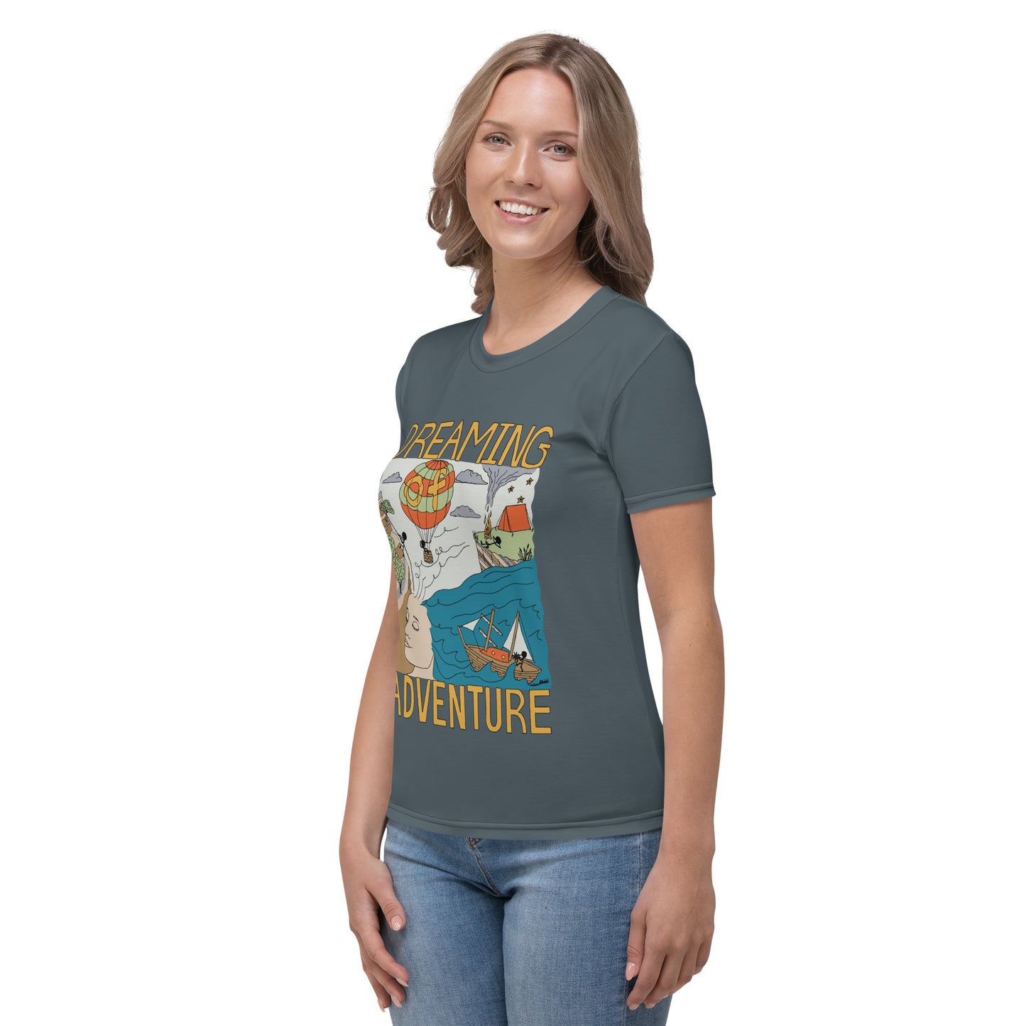 Women's Dark-Blue "Dreaming Adventure" Crew-Neck T-shirt (Size XS-2XL)