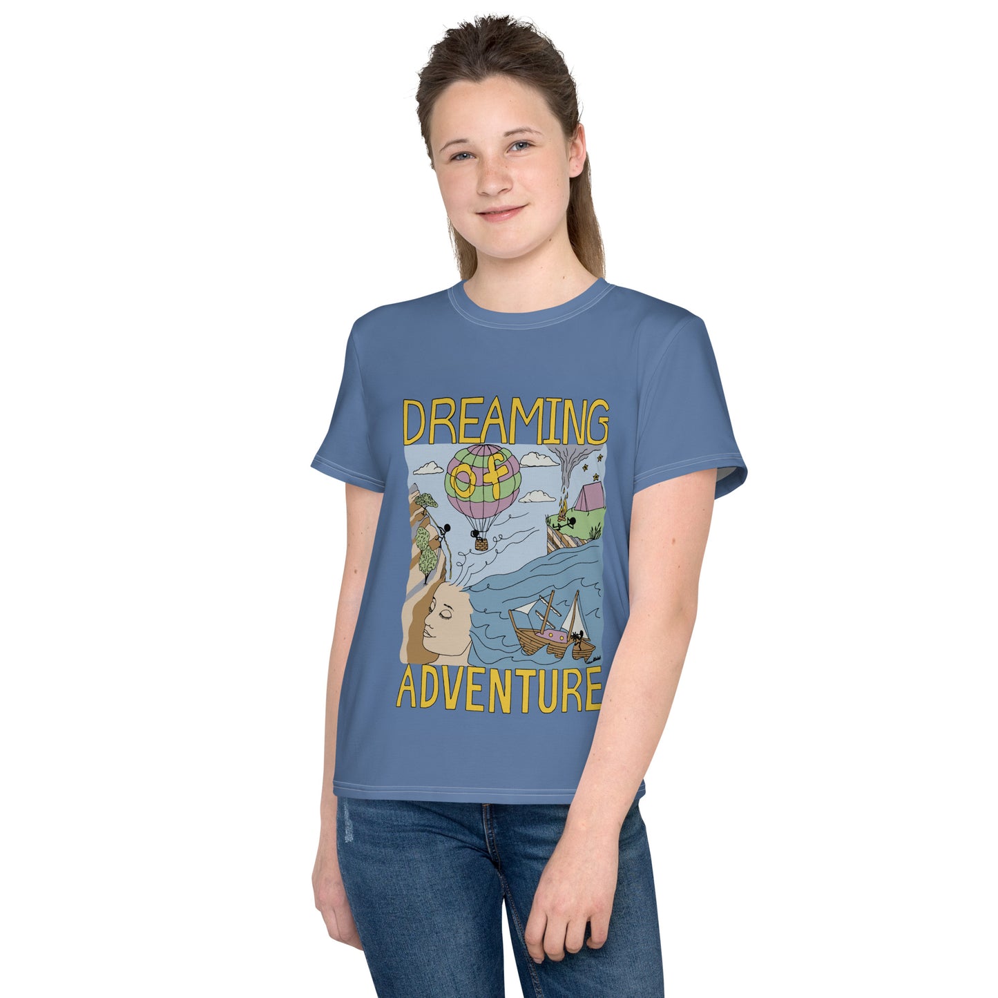 Youth Lavender-Blue "Dreaming Adventure" Short-sleeved Crew Neck T-shirt (Size 8-20)