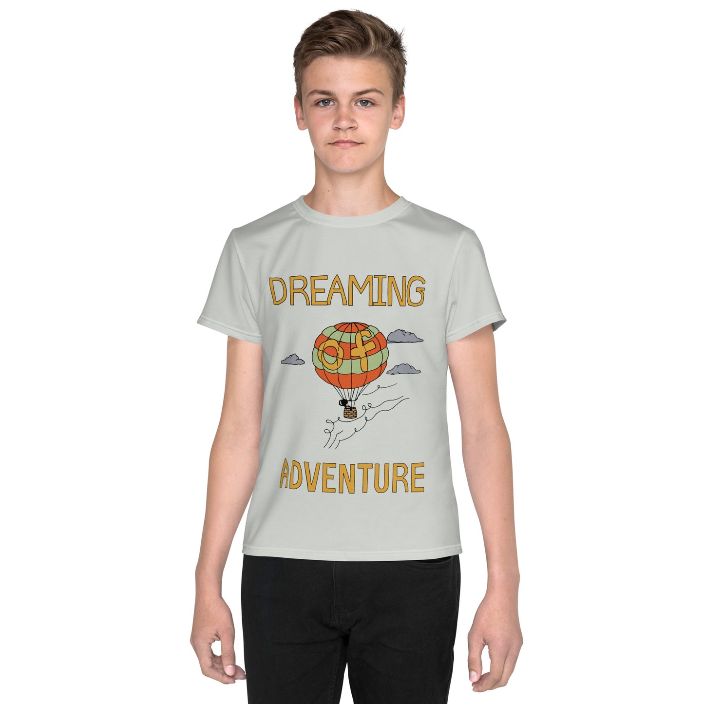 Youth Gray Hot Air Balloon "Dreaming Adventure" Short-Sleeved Crew Neck T-shirt (Size 8-20)