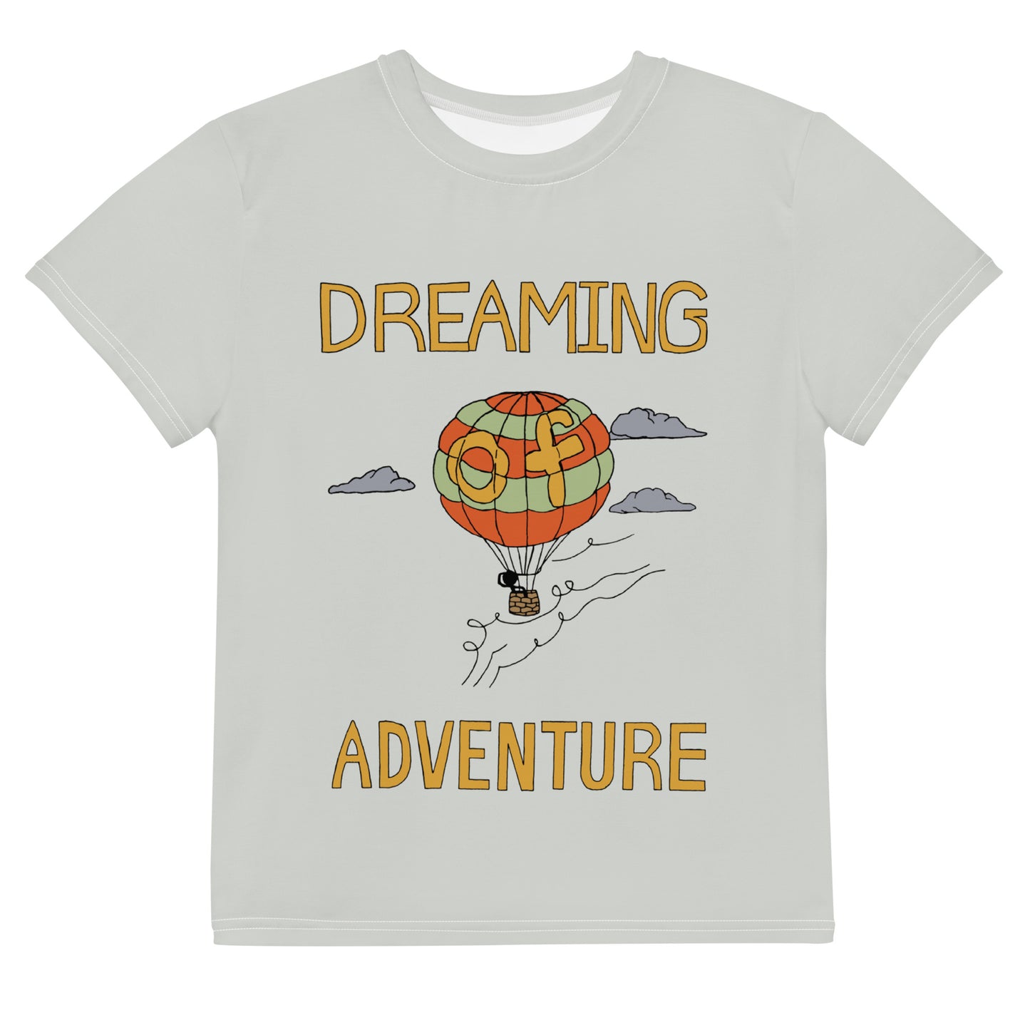 Youth Gray Hot Air Balloon "Dreaming Adventure" Short-Sleeved Crew Neck T-shirt (Size 8-20)