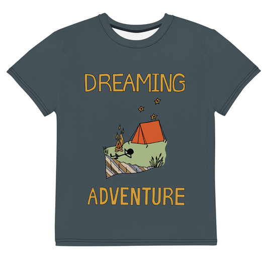 Youth Dark-Blue Camping "Dreaming Adventure" Short-Sleeved Crew Neck T-shirt (Size 8-20)