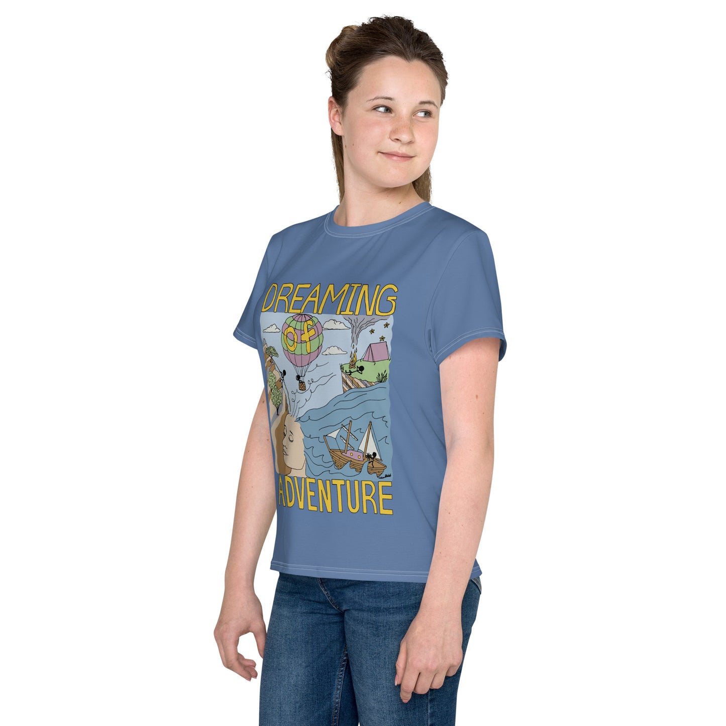 Youth Lavender-Blue "Dreaming Adventure" Short-sleeved Crew Neck T-shirt (Size 8-20)