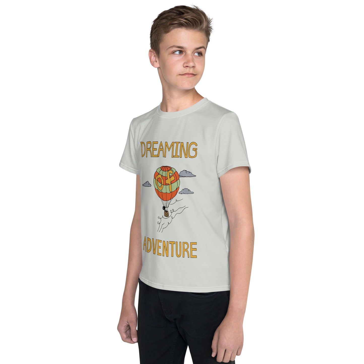 Youth Gray Hot Air Balloon "Dreaming Adventure" Short-Sleeved Crew Neck T-shirt (Size 8-20)