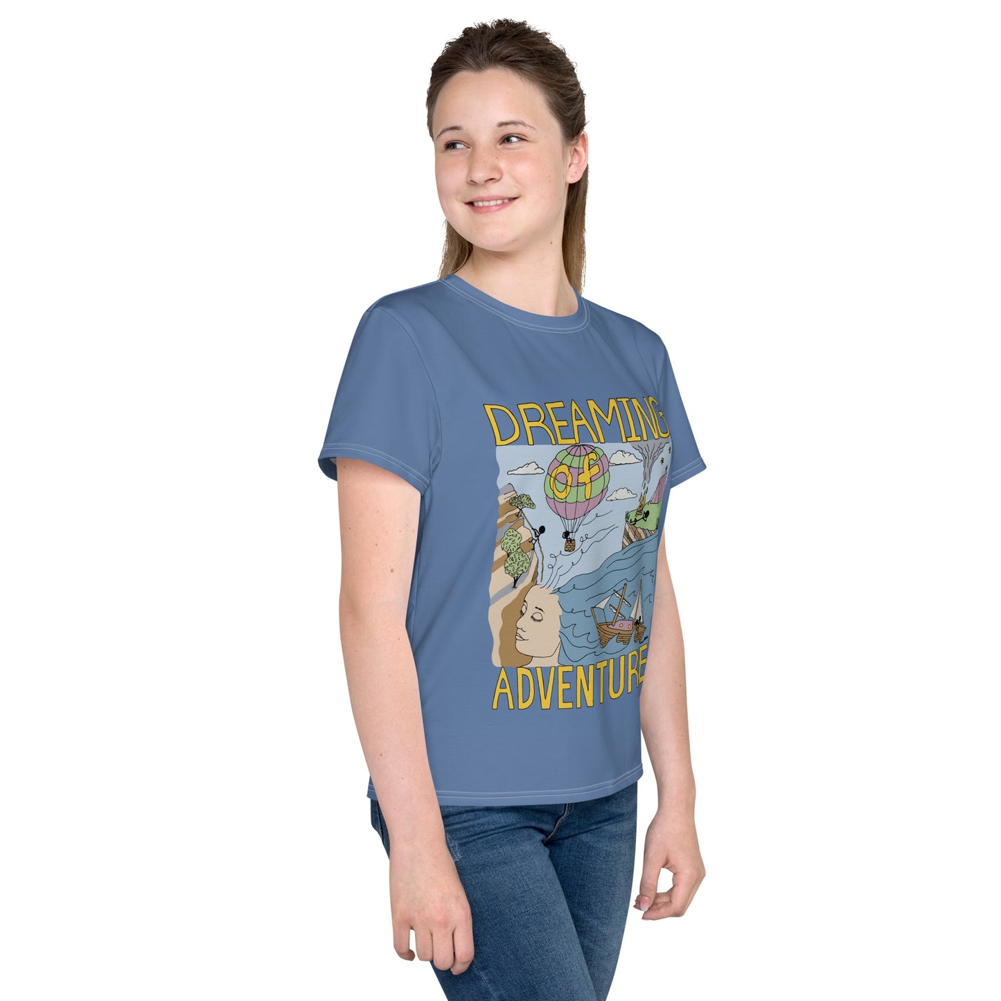 Youth Lavender-Blue "Dreaming Adventure" Short-sleeved Crew Neck T-shirt (Size 8-20)