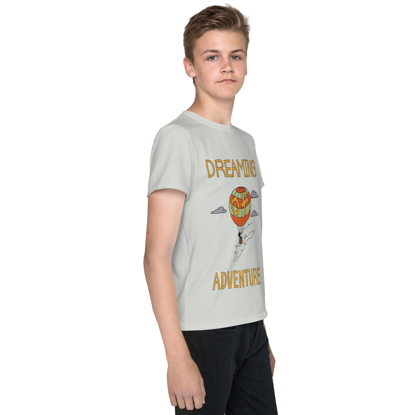 Youth Gray Hot Air Balloon "Dreaming Adventure" Short-Sleeved Crew Neck T-shirt (Size 8-20)