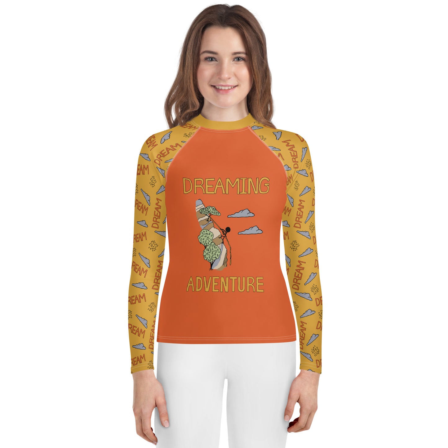 Youth Yellow/Orange Climbing "Dreaming Adventure" Long-Sleeved Rash Guard Shirt (Size 8-20)