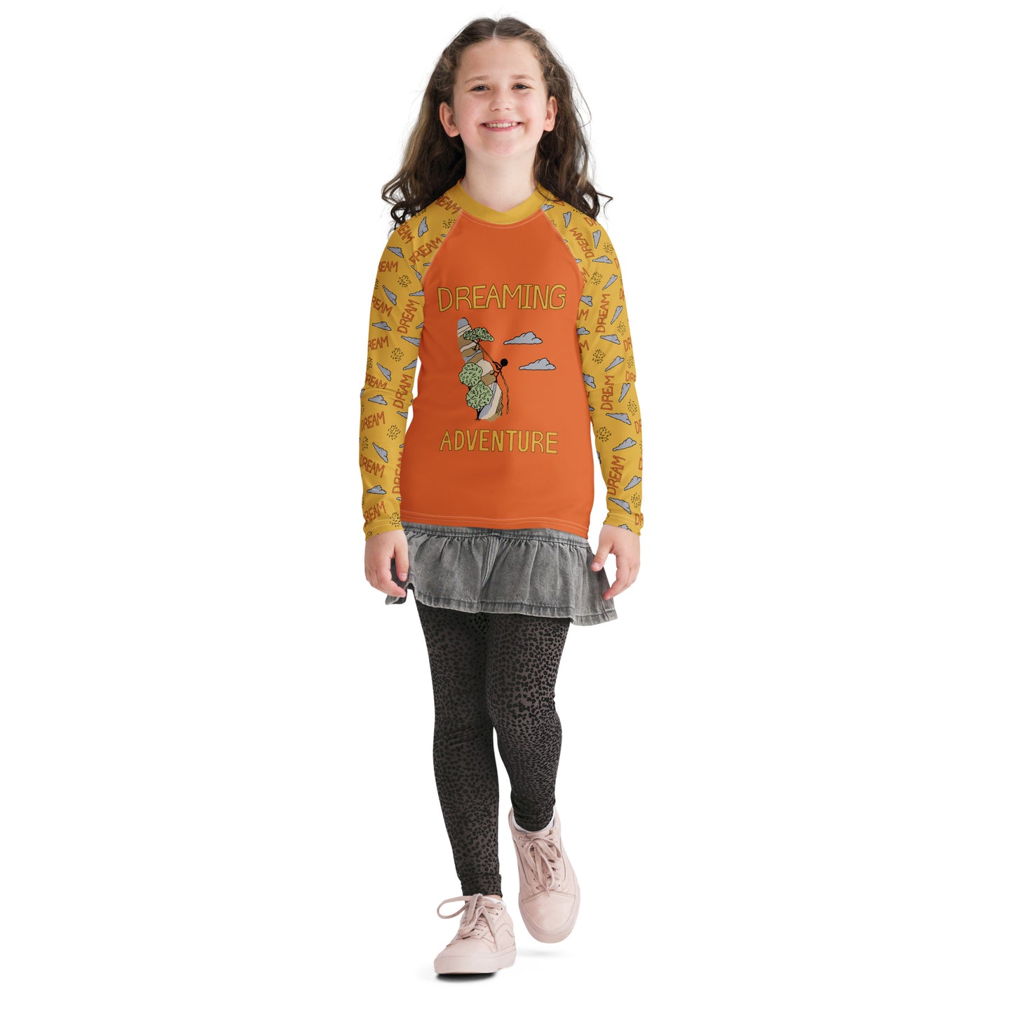 Youth Yellow/Orange Climbing "Dreaming Adventure" Long-Sleeved Rash Guard Shirt (Size 8-20)