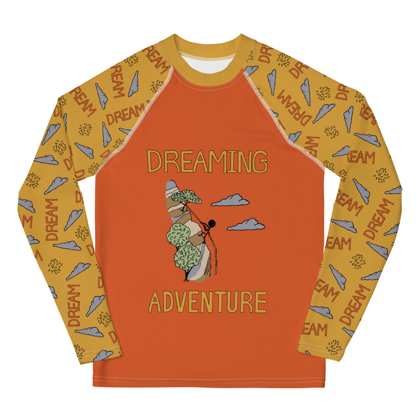 Youth Yellow/Orange Climbing "Dreaming Adventure" Long-Sleeved Rash Guard Shirt (Size 8-20)