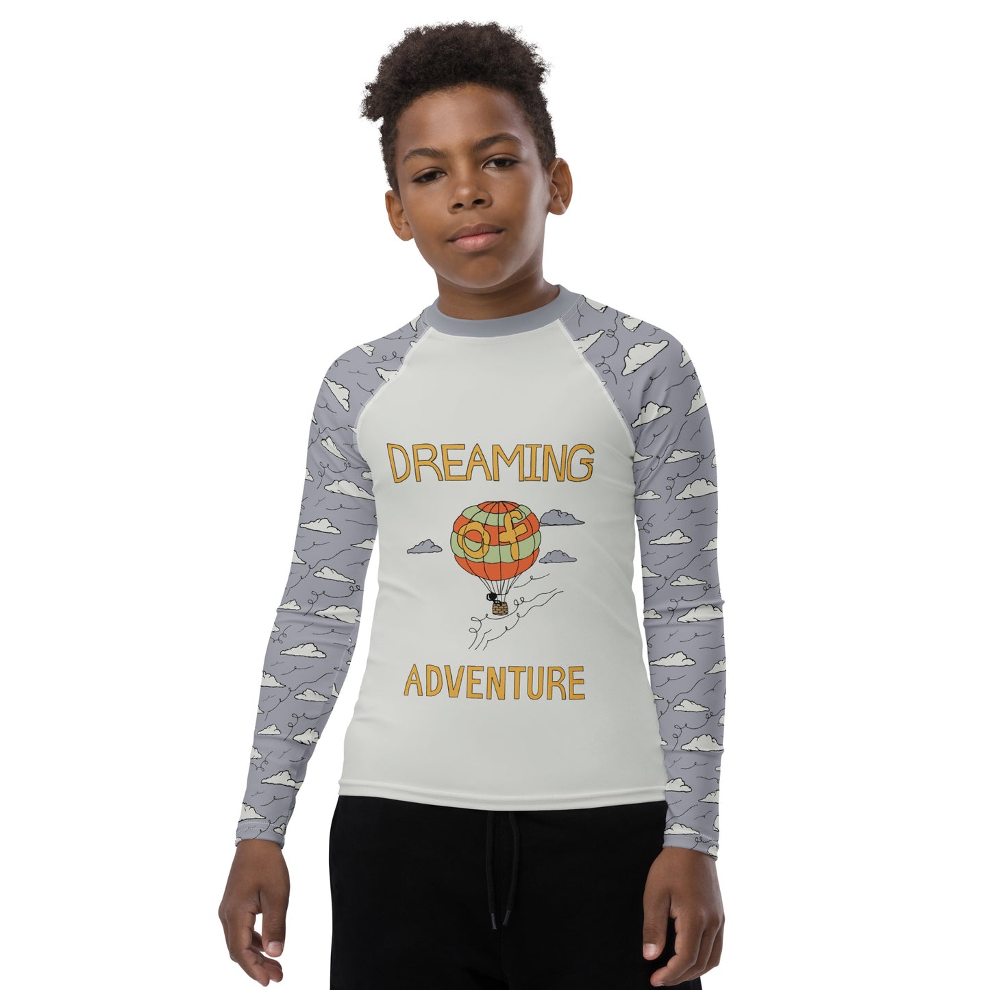 Youth Gray Hot Air Balloon "Dreaming Adventure" Long-Sleeved Rash Guard Shirt (Size 8-20)