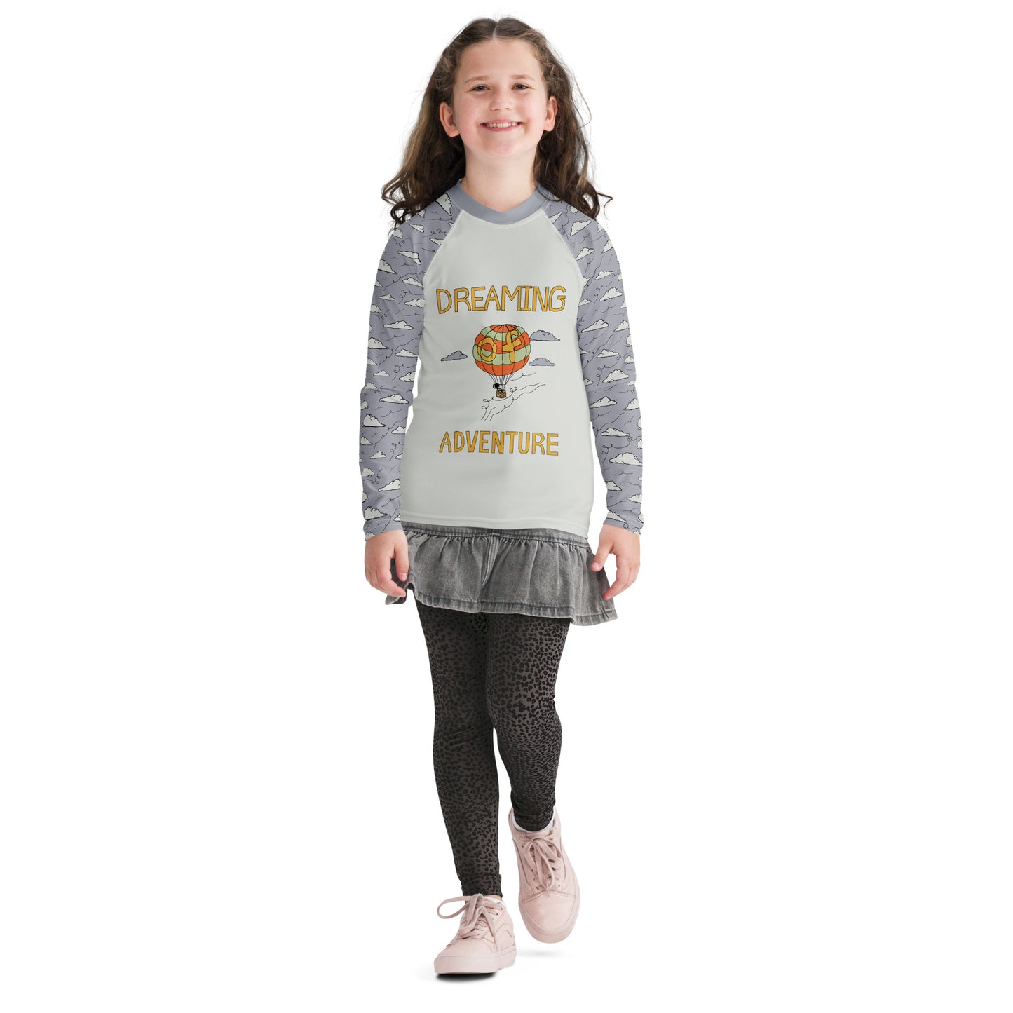 Youth Gray Hot Air Balloon "Dreaming Adventure" Long-Sleeved Rash Guard Shirt (Size 8-20)