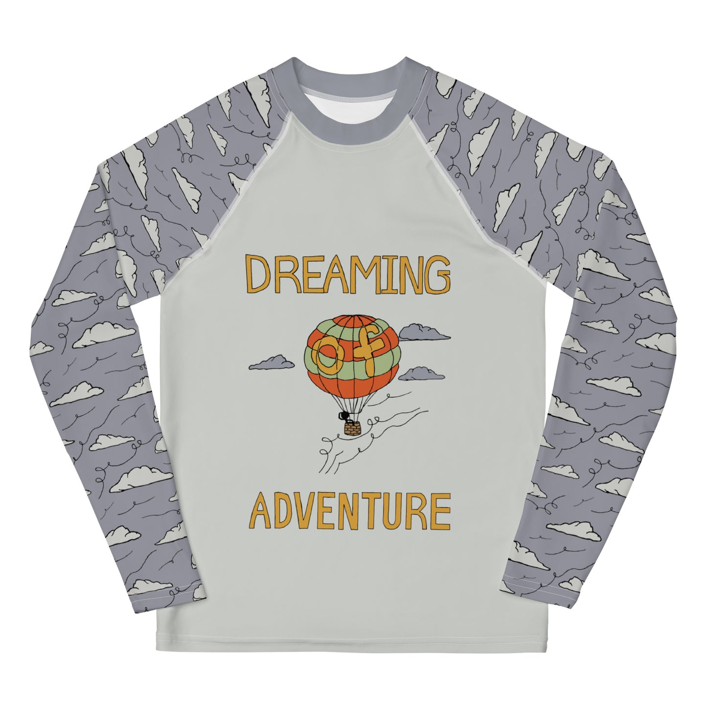 Youth Gray Hot Air Balloon "Dreaming Adventure" Long-Sleeved Rash Guard Shirt (Size 8-20)