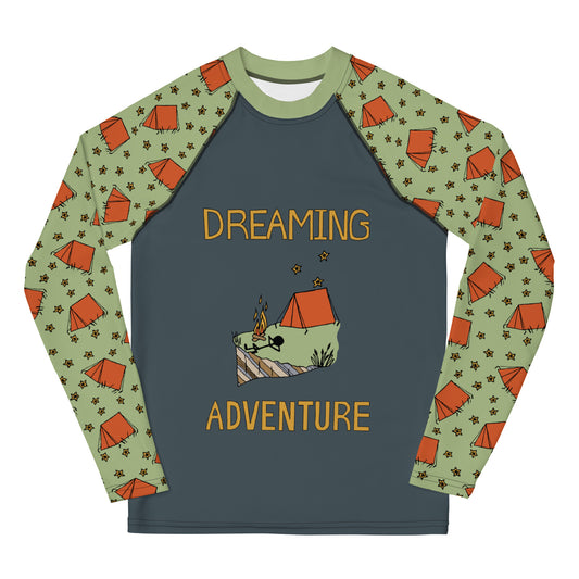 Youth Dark-Blue/Green Camping "Dreaming Adventure" Long-Sleeved Rash Guard Shirt (Size 8-20)