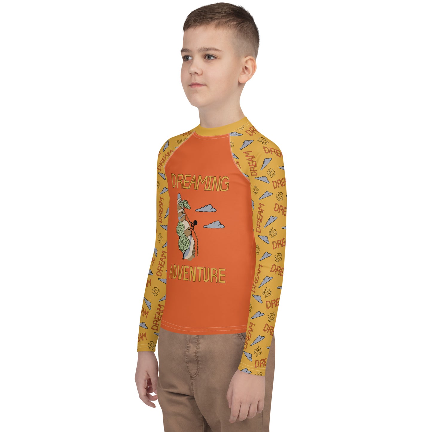 Youth Yellow/Orange Climbing "Dreaming Adventure" Long-Sleeved Rash Guard Shirt (Size 8-20)