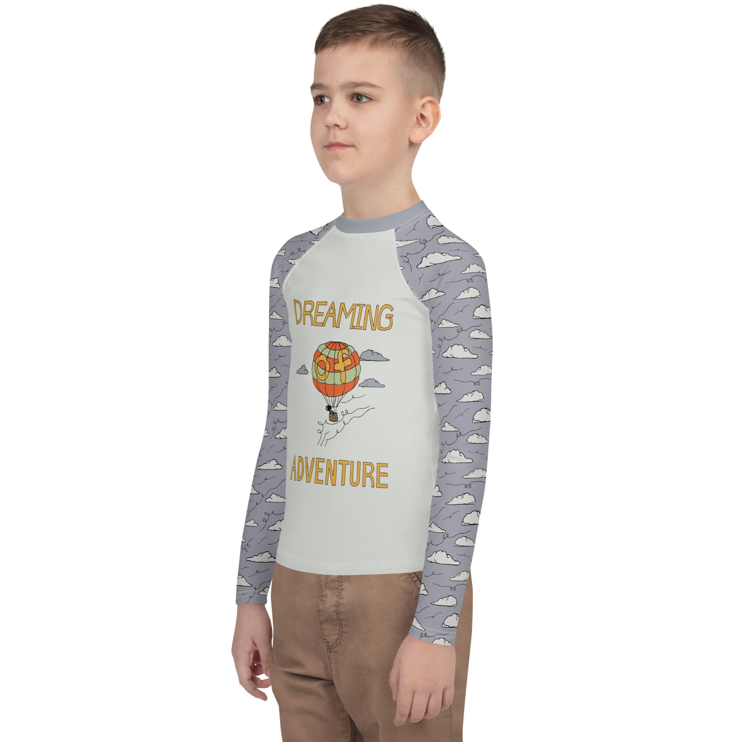 Youth Gray Hot Air Balloon "Dreaming Adventure" Long-Sleeved Rash Guard Shirt (Size 8-20)