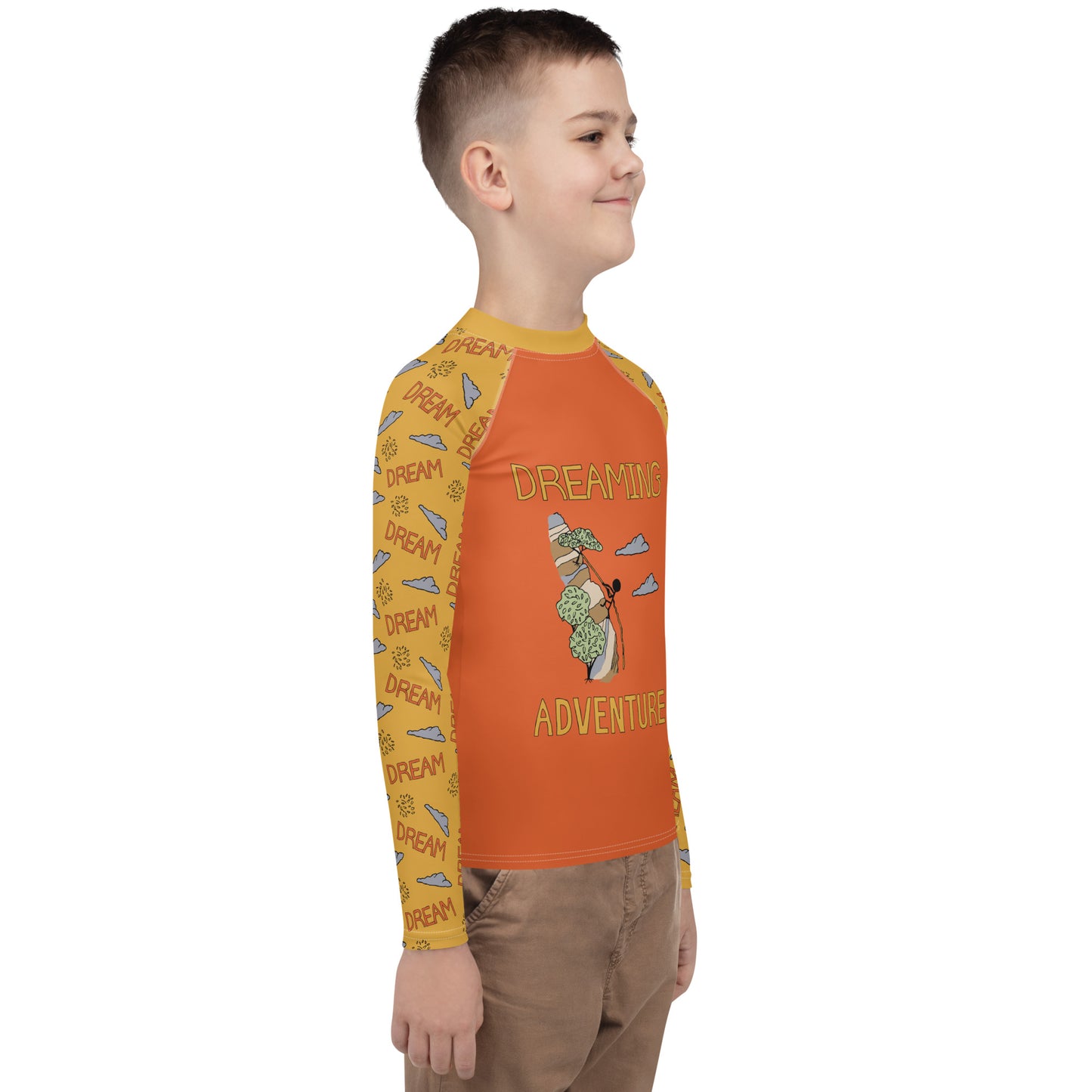 Youth Yellow/Orange Climbing "Dreaming Adventure" Long-Sleeved Rash Guard Shirt (Size 8-20)