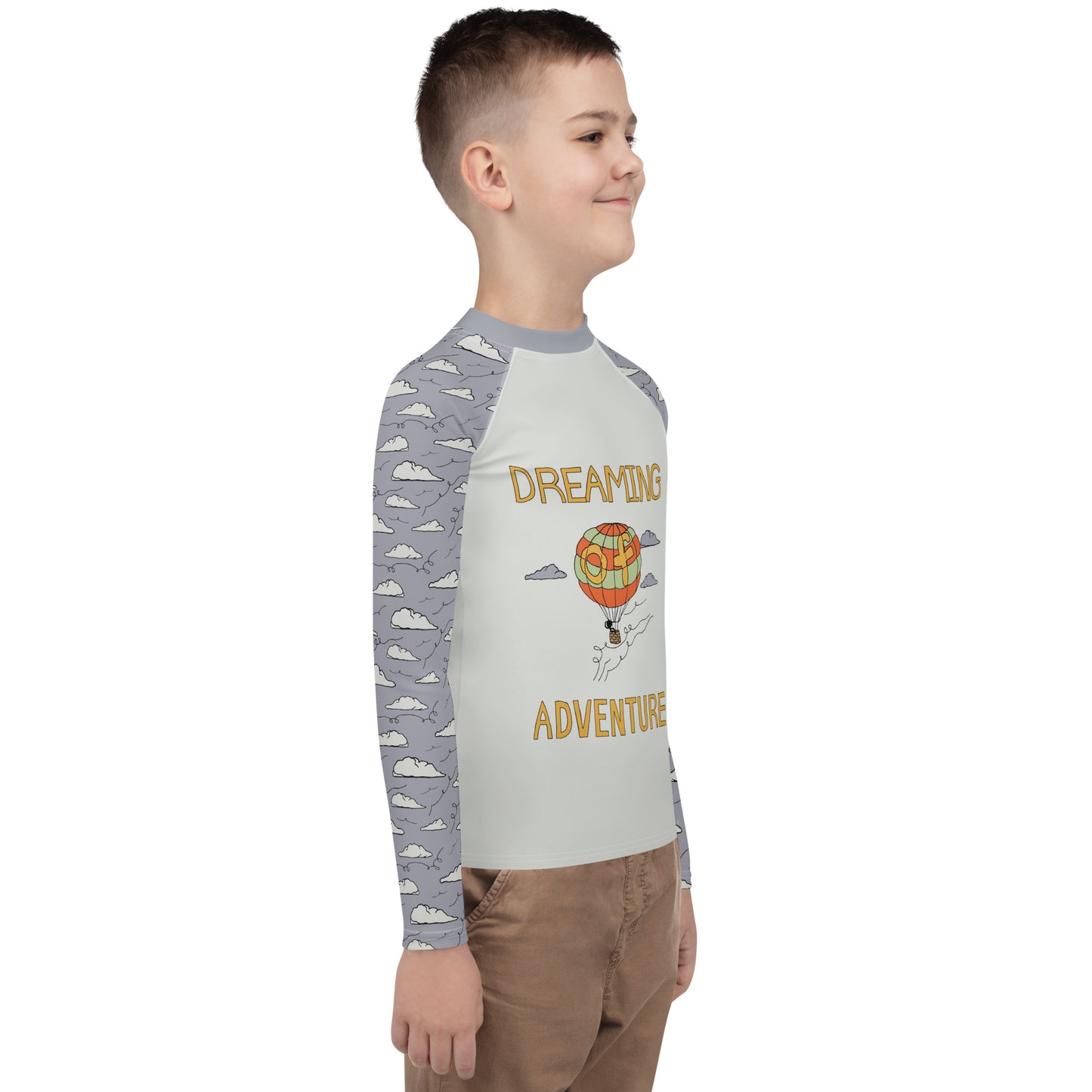 Youth Gray Hot Air Balloon "Dreaming Adventure" Long-Sleeved Rash Guard Shirt (Size 8-20)